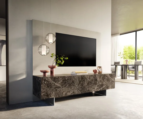 Meuble-TV Cuor 180 cm Céramique Emperador Extra Lucidato brun foncé 1 Clapet 2 Tiroirs Pied optique flottant Ancier inoxydable