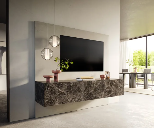 Meuble-TV Cuor 180 cm Céramique Laminam® Emperador Extra Lucidato brun foncé 1 Clapet 2 Tiroirs Flottant