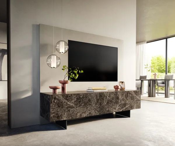 Meuble-TV Cuor 180 cm Céramique Laminam® Emperador Extra Lucidato brun foncé 1 Clapet 2 Tiroirs Pied optique flottant Métal Noir