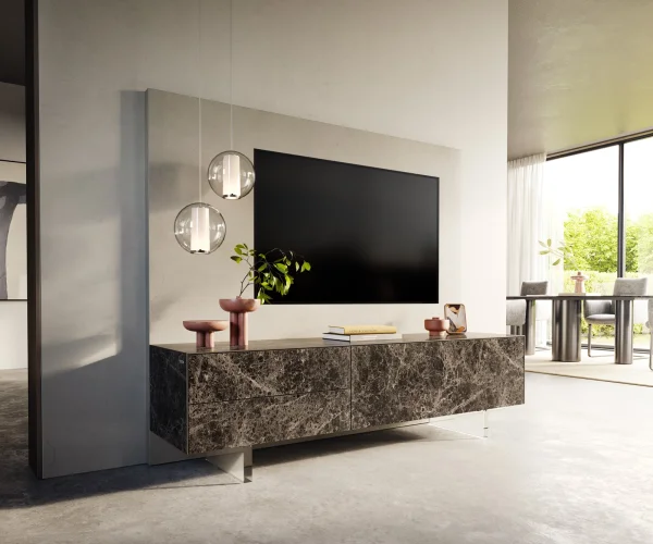 Meuble-TV Cuor 180 cm Céramique Laminam® Emperador Extra Lucidato brun foncé 1 Clapet 2 Tiroirs Pied optique flottant Verre acrylique