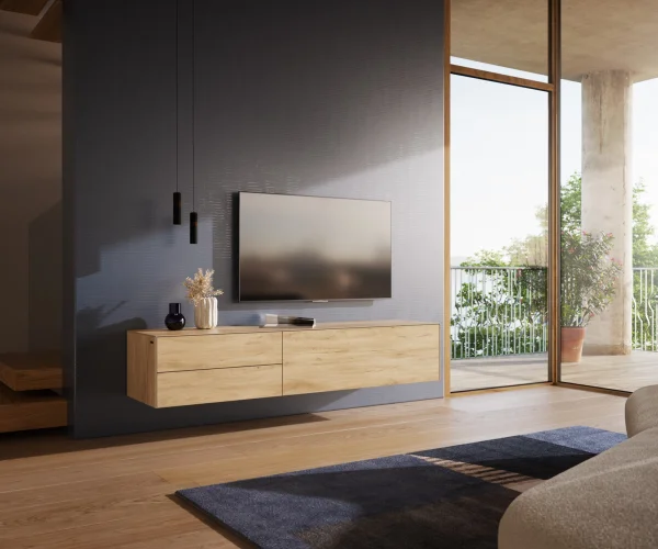 Meuble-TV Cuor 180 cm Céramique Laminam® Sabbia Teinte chêne 1 Clapet 2 Tiroirs Flottant