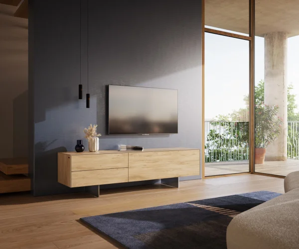 Meuble-TV Cuor 180 cm Céramique Laminam® Sabbia Teinte chêne 1 Clapet 2 Tiroirs Pied optique flottant Ancier inoxydable