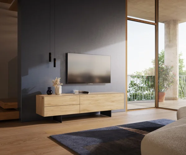 Meuble-TV Cuor 180 cm Céramique Laminam® Sabbia Teinte chêne 1 Clapet 2 Tiroirs Pied optique flottant Métal Noir