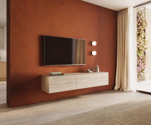Meuble-TV Cuor 180 cm Céramique Laminam® Travertino Bianco Crème-blanc 1 Clapet 2 Tiroirs Flottant