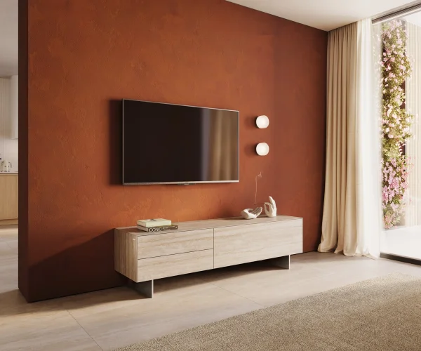 Meuble-TV Cuor 180 cm Céramique Laminam® Travertino Bianco Crème-blanc 1 Clapet 2 Tiroirs Pied optique flottant Ancier inoxydable