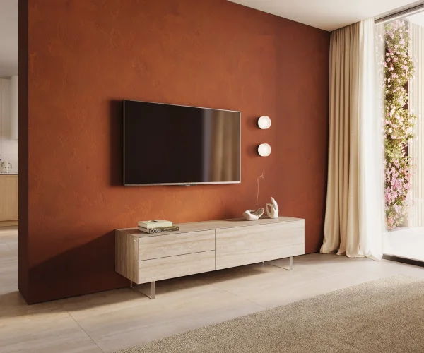Meuble-TV Cuor 180 cm Céramique Laminam® Travertino Bianco Crème-blanc 1 Clapet 2 Tiroirs Pied optique flottant Verre acrylique