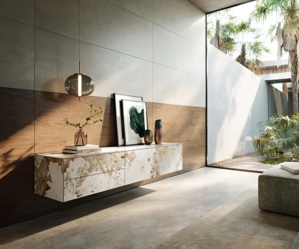 Meuble-TV Cuor 180 cm Céramique Minas Melange Blanc-beige 1 Clapet 2 Tiroirs Flottant