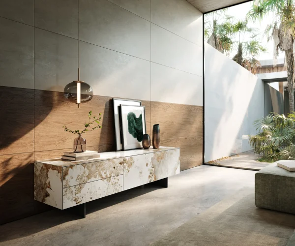 Meuble-TV Cuor 180 cm Céramique Minas Melange Blanc-beige 1 Clapet 2 Tiroirs Pied optique flottant Métal Noir