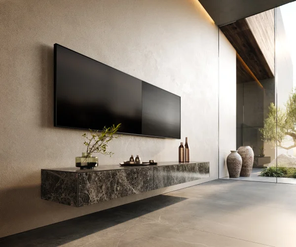 Meuble-TV Cuor 200 cm Céramique Emperador Extra Lucidato brun foncé 1 Clapet 1 Tiroir Flottant