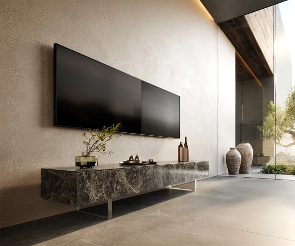 Meuble-TV Cuor 200 cm Céramique Emperador Extra Lucidato brun foncé 1 Clapet 1 Tiroir Pied optique flottant Verre acrylique