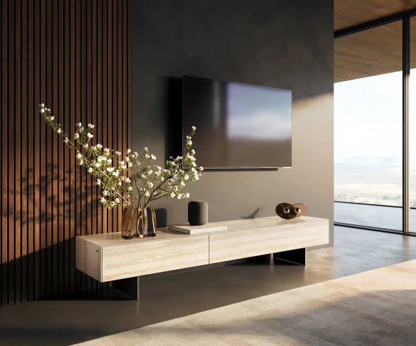 Meuble-TV Cuor 200 cm Céramique Laminam® Travertino Bianco Crème-blanc 1 Clapet 1 Tiroir Pied optique flottant Métal Noir