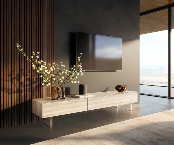 Meuble-TV Cuor 200 cm Céramique Laminam® Travertino Bianco Crème-blanc 1 Clapet 1 Tiroir Pied optique flottant Verre acrylique