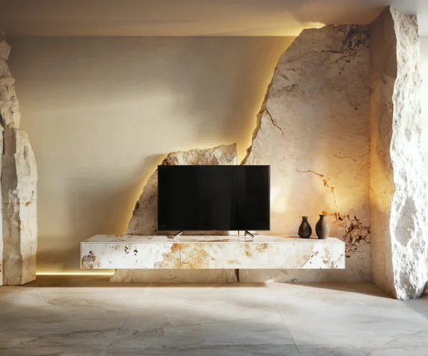 Meuble-TV Cuor 200 cm Céramique Minas Melange Blanc-beige 1 Clapet 1 Tiroir Flottant