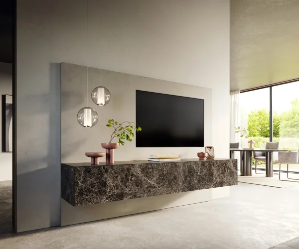Meuble-TV Cuor 220 cm Céramique Laminam® Emperador Extra Lucidato brun foncé 1 Clapet 2 Tiroirs Flottant
