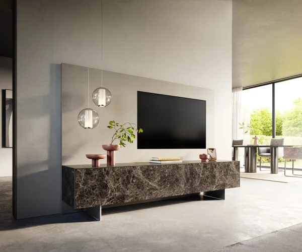 Meuble-TV Cuor 220 cm Céramique Laminam® Emperador Extra Lucidato brun foncé 1 Clapet 2 Tiroirs Pied optique flottant Ancier inoxydable