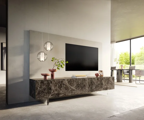Meuble-TV Cuor 220 cm Céramique Laminam® Emperador Extra Lucidato brun foncé 1 Clapet 2 Tiroirs Pied optique flottant Verre acrylique