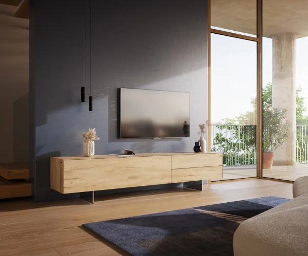 Meuble-TV Cuor 220 cm Céramique Laminam® Sabbia Teinte chêne 1 Clapet 2 Tiroirs Pied optique flottant Ancier inoxydable
