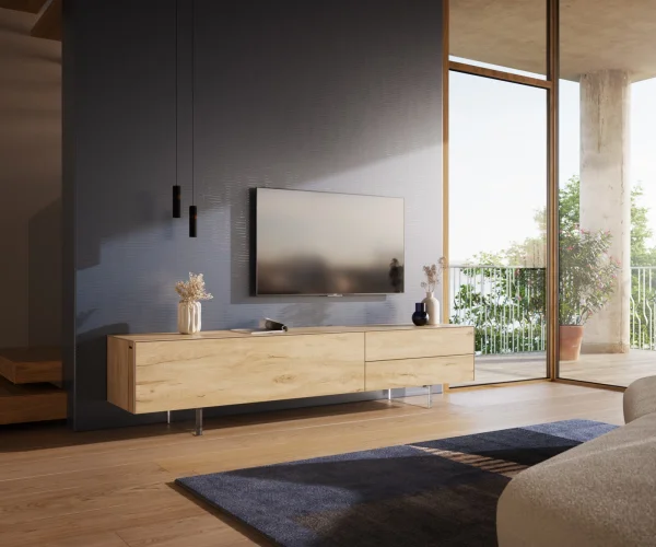 Meuble-TV Cuor 220 cm Céramique Laminam® Sabbia Teinte chêne 1 Clapet 2 Tiroirs Pied optique flottant Verre acrylique