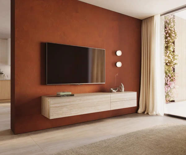 Meuble-TV Cuor 220 cm Céramique Laminam® Travertino Bianco Crème-blanc 1 Clapet 2 Tiroirs Flottant