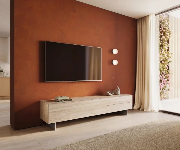 Meuble-TV Cuor 220 cm Céramique Laminam® Travertino Bianco Crème-blanc 1 Clapet 2 Tiroirs Pied optique flottant Ancier inoxydable