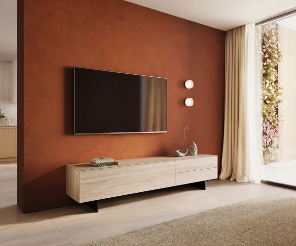 Meuble-TV Cuor 220 cm Céramique Laminam® Travertino Bianco Crème-blanc 1 Clapet 2 Tiroirs Pied optique flottant Métal Noir
