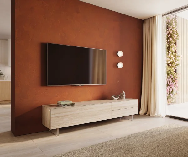 Meuble-TV Cuor 220 cm Céramique Laminam® Travertino Bianco Crème-blanc 1 Clapet 2 Tiroirs Pied optique flottant Verre acrylique