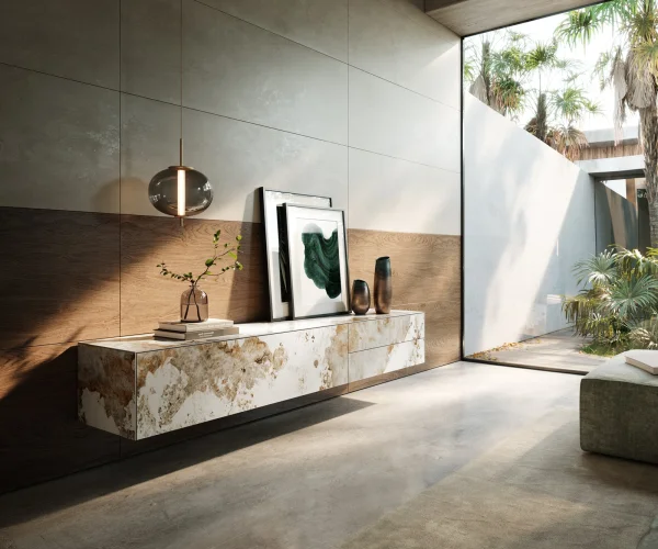 Meuble-TV Cuor 220 cm Céramique Minas Melange Blanc-beige 1 Clapet 2 Tiroirs Flottant