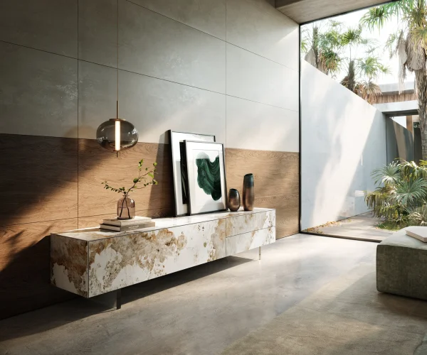 Meuble-TV Cuor 220 cm Céramique Minas Melange Blanc-beige 1 Clapet 2 Tiroirs Pied optique flottant Verre acrylique