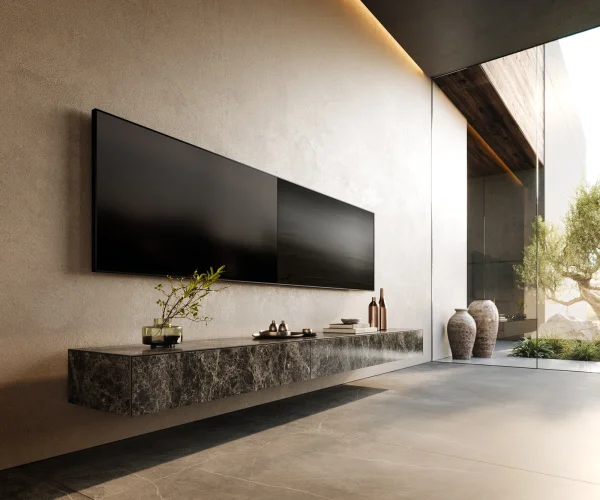Meuble-TV Cuor 250 cm Céramique Laminam® Emperador Extra Lucidato brun foncé 1 Clapet 1 Tiroir Flottant