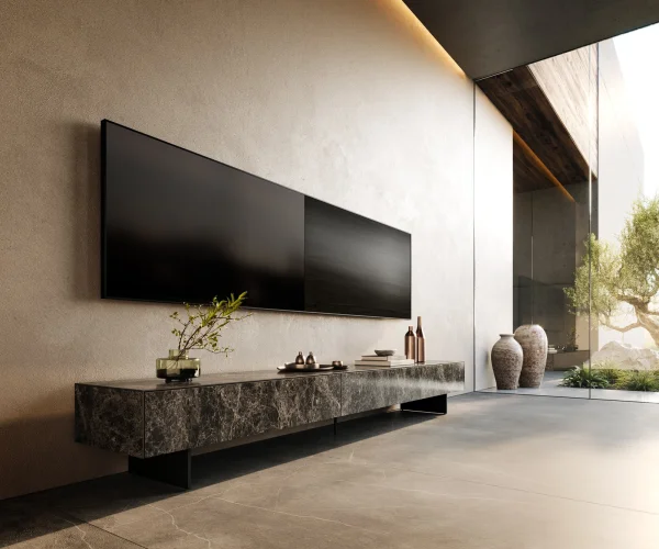 Meuble-TV Cuor 250 cm Céramique Laminam® Emperador Extra Lucidato brun foncé 1 Clapet 1 Tiroir Pied optique flottant Métal Noir