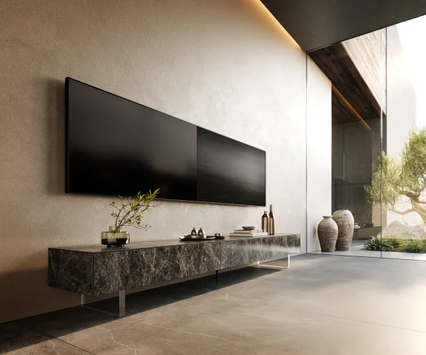 Meuble-TV Cuor 250 cm Céramique Laminam® Emperador Extra Lucidato brun foncé 1 Clapet 1 Tiroir Pied optique flottant Verre acrylique