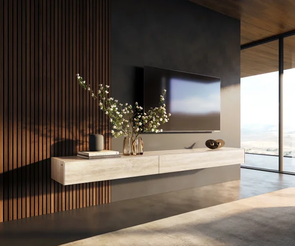 Meuble-TV Cuor 250 cm Céramique Laminam® Travertino Bianco Crème-blanc 1 Clapet 1 Tiroir Flottant