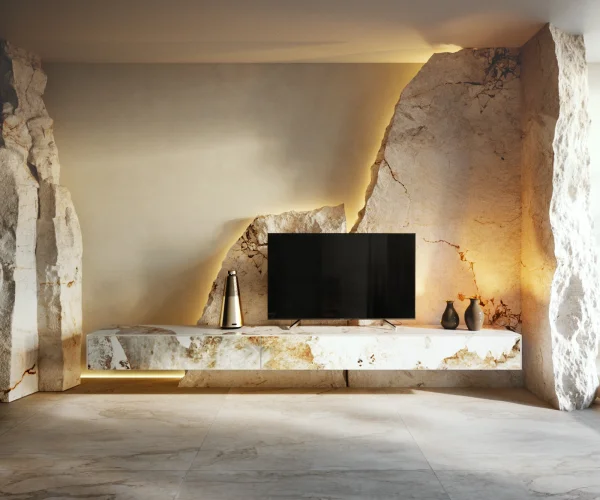 Meuble-TV Cuor 250 cm Céramique Minas Melange Blanc-beige 1 Clapet 1 Tiroir Flottant