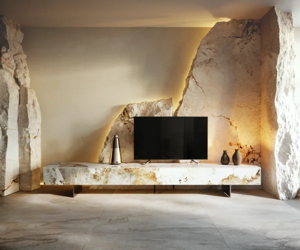 Meuble-TV Cuor 250 cm Céramique Minas Melange Blanc-beige 1 Clapet 1 Tiroir Pied optique flottant Ancier inoxydable