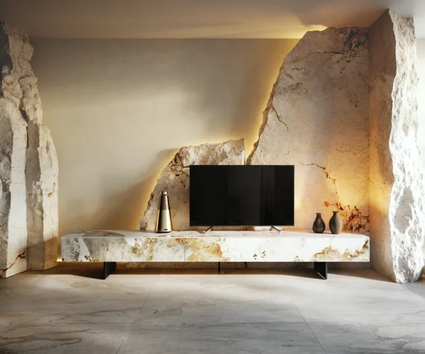 Meuble-TV Cuor 250 cm Céramique Minas Melange Blanc-beige 1 Clapet 1 Tiroir Pied optique flottant Métal Noir