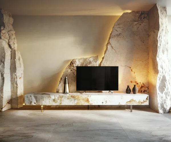 Meuble-TV Cuor 250 cm Céramique Minas Melange Blanc-beige 1 Clapet 1 Tiroir Pied optique flottant Verre acrylique