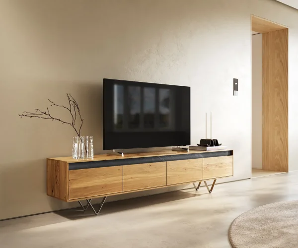Meuble-TV design Stonegrace 200 cm chêne naturel ardoise 4 tiroirs pied en V inoxydable