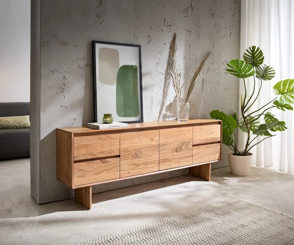 Meuble-TV Elandor 175 cm acacia naturel 2 portes 4 tiroirs pied en bois