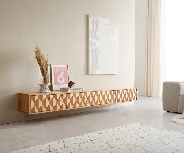 Meuble-TV Fevo 220 cm chêne naturel 4 portes flottantes
