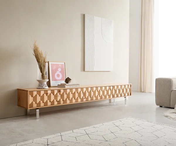 Meuble-TV Fevo 220 cm chêne naturel 4 portes pied en L inoxydable