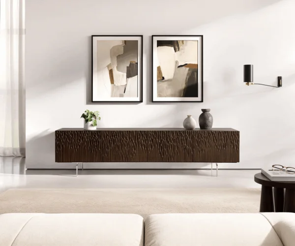 Meuble-TV Follia 200 cm brun manguier 4 portes Pieds angulaires en acier inoxydable brossé