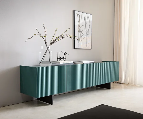 Meuble-TV Kelani 200 cm pétrole 4 portes pied flottant métal noir