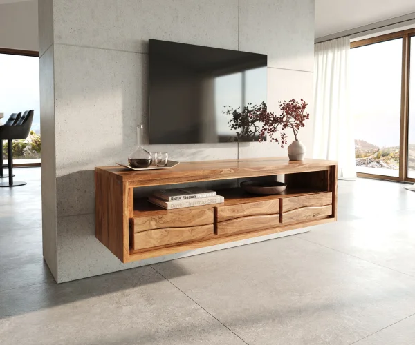 Meuble-TV Live-Edge 146 cm acacia naturel 3 tiroirs 1 compartiment flottant