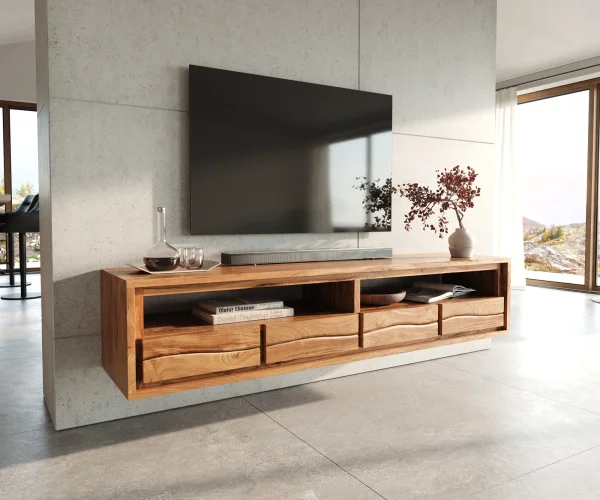 Meuble TV Live-Edge 190 cm acacia naturel 4 tiroirs flottants