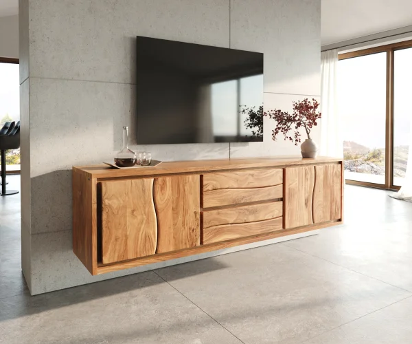 Meuble-TV Live-Edge 200 cm acacia naturel 4 portes 2 tiroirs suspendus