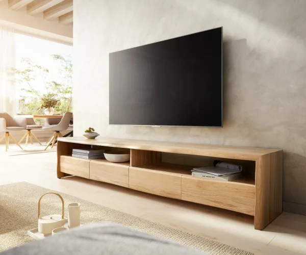 Meuble TV Live-Edge 230 cm chêne naturel 4 tiroirs bordure d'arbre massif