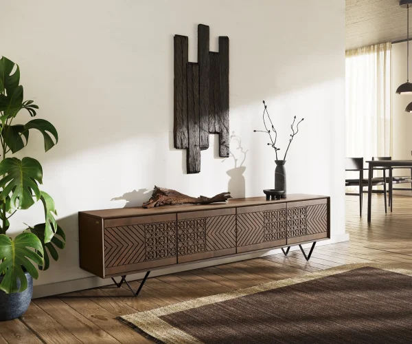 Meuble-TV Manjula 200 cm Manguier marron 4 portes Pied en V métal noir