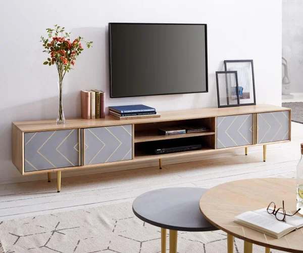 Meuble-TV Metropolitan 240 cm Mango nature 4 portes béton laiton
