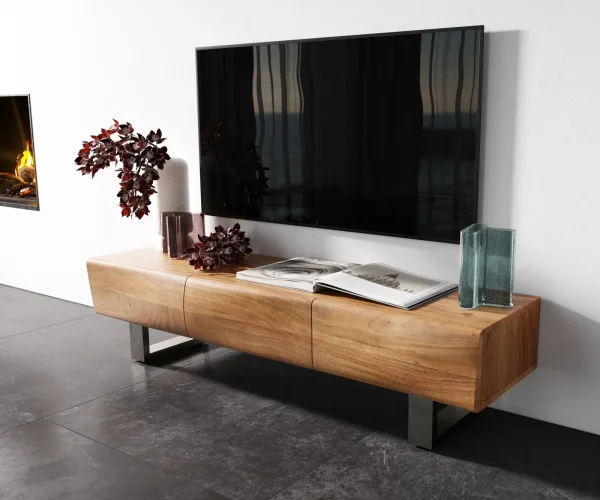 Meuble - TV New Live-Edge 145 cm acacia naturel 3 portes patin inox brossé