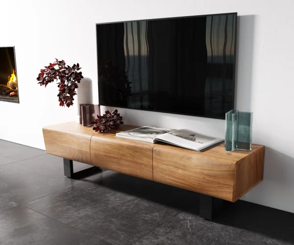 Meuble - TV New Live-Edge 145 cm acacia naturel 3 portes patin métal noir